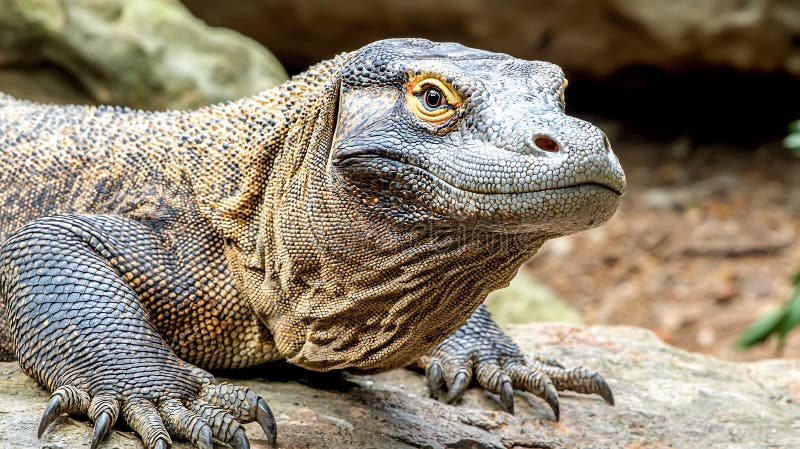 Dragonul Komodo puternic texturat și ochi piercing pe teren stâncos. vector illustration