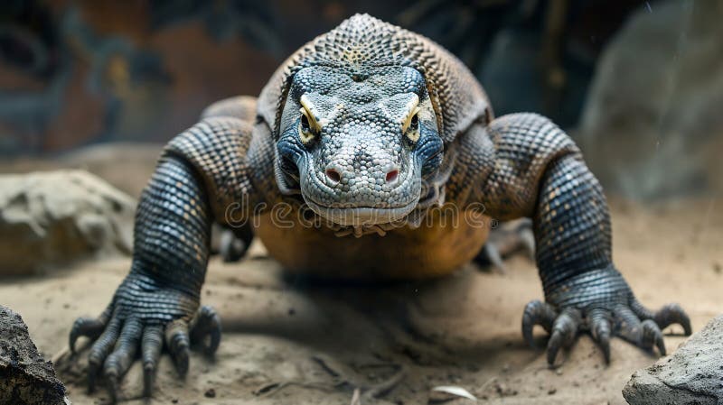 Dragonul Komodo : Solzi Grei Forjați Pentru Limbă Și Teren Stâncos royalty free illustration