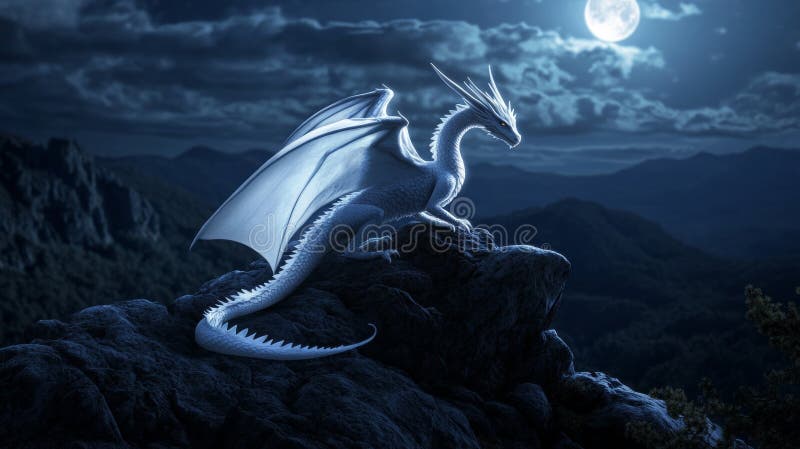Dragonul Maiestuos Alb a periat pe o destrăbălare stâncoasă sub lumina lunii, care emană eleganță și putere vector illustration