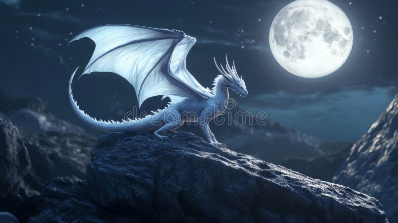 Dragonul Maiestuos Alb a periat pe o destrămare stâncoasă sub lumina lunii, arătând eleganță și putere royalty free illustration