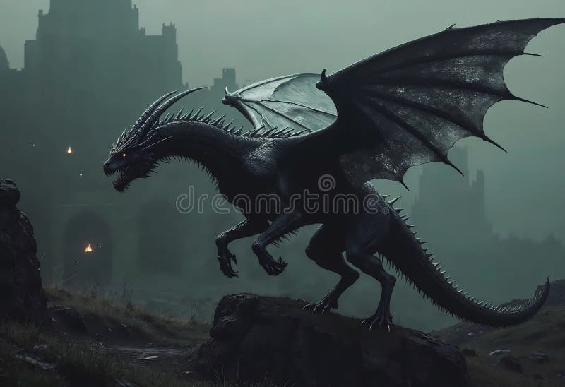 Dragonul maiestuos a pătruns pe un teren stâncos sub un cer furtun cu silueta îndepărtată a castelului royalty free illustration