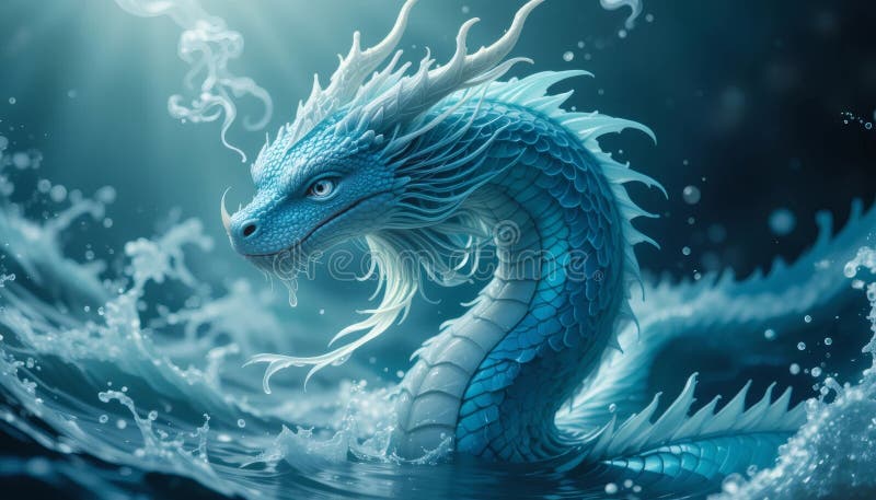Dragonul Majestic Azure care iese din apă. ai generativ stock illustration