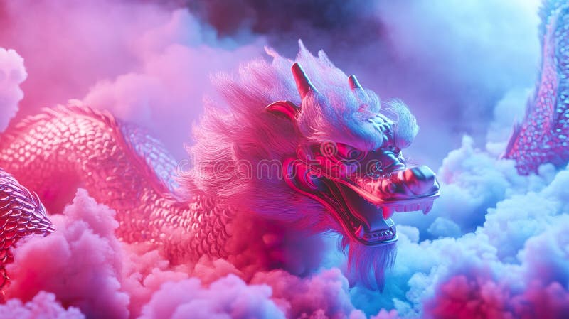 Dragonul mitic vibrant iese din nori colorați exsuciți simțul puterii și mistic. scena este iluminată cu roz și royalty free illustration