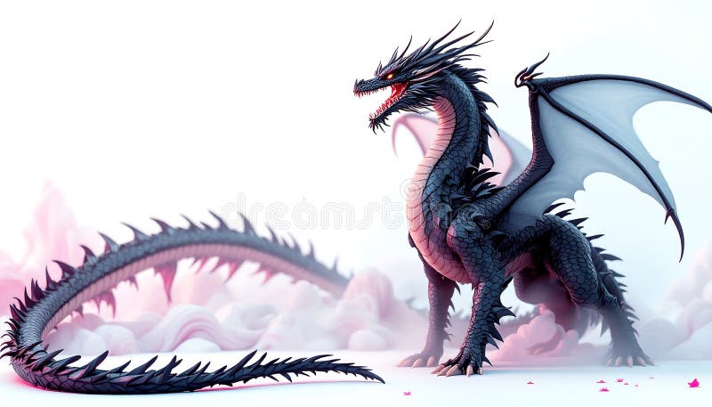 Dragonul Negru Maiestuos în Norii Roz Visători : Artă fantastică royalty free illustration