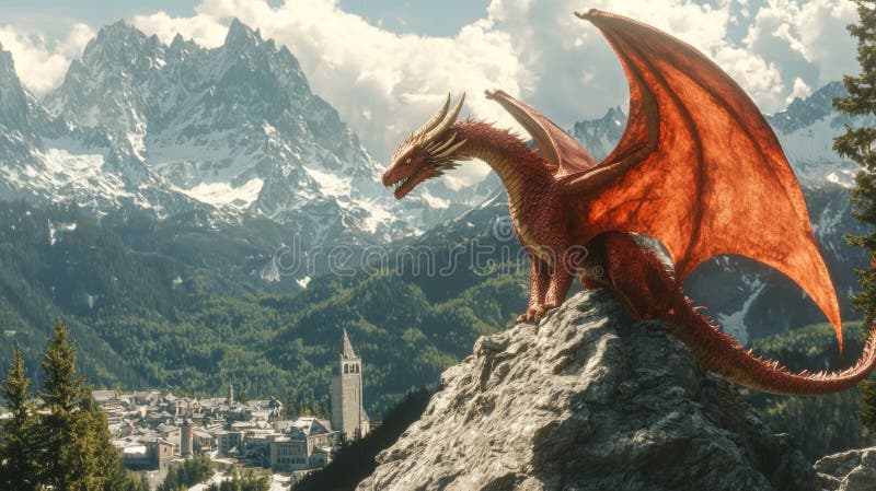 Dragonul roșu maiestuos, periat pe o desfacere stâncoasă, cu vedere spre un sat alpin din Sena, cu munți căptușiți de zăpadă stock illustration