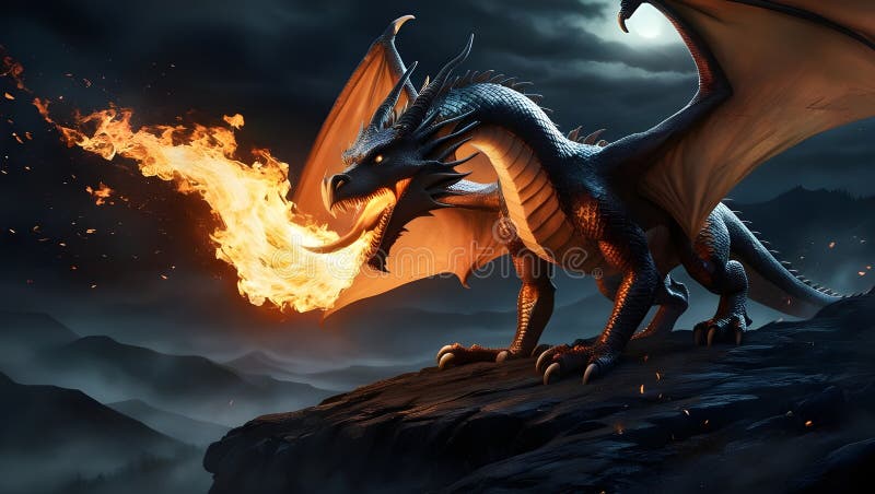 Dragonul se află pe o stâncă care expiră un puternic flux de foc în întuneric vector illustration