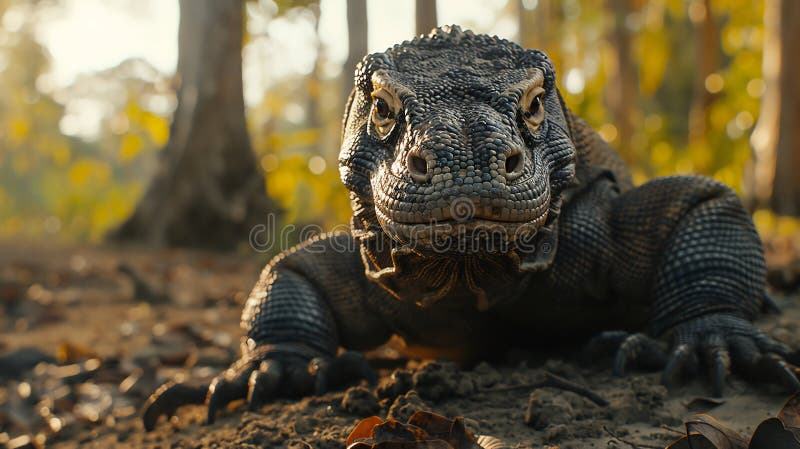 Dragonul Vechi Komodo : Muscular Flicking Language & Rocky Island stock illustration