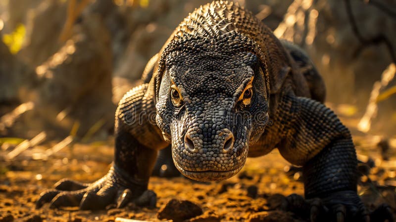 Dragonul Vechi Komodo : Mușchi Care Pâlpâie Limba Și Țărmul Stâncos stock illustration