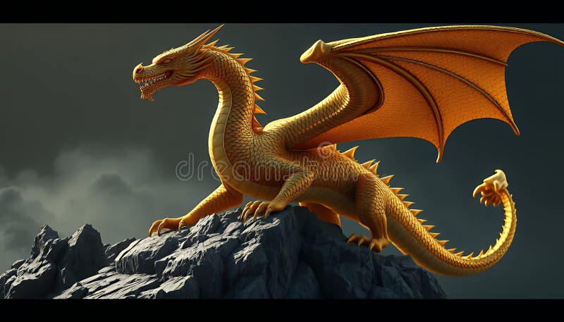 Dragonul Voxel De Aur Cocoțat Pe Vârful Stâncos Sub Cerul Întunecat Creatura Fantasy Concept Ilustrație vector illustration