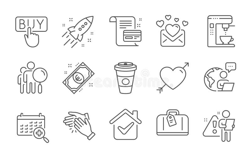 Dragoste bagaje de mână și imagini de cafea de la distanță set. iubesc lansarea rachetelor și a indicatoarelor privind moneda euro royalty free illustration