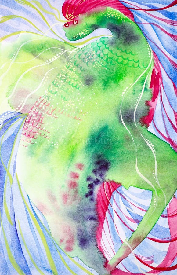 Dragão feericamente bonito Ilustração da aquarela no fundo multicolorido ilustração stock Dragão feericamente bonito Ilustração da aquarela no fundo multicolorido ilustração stock