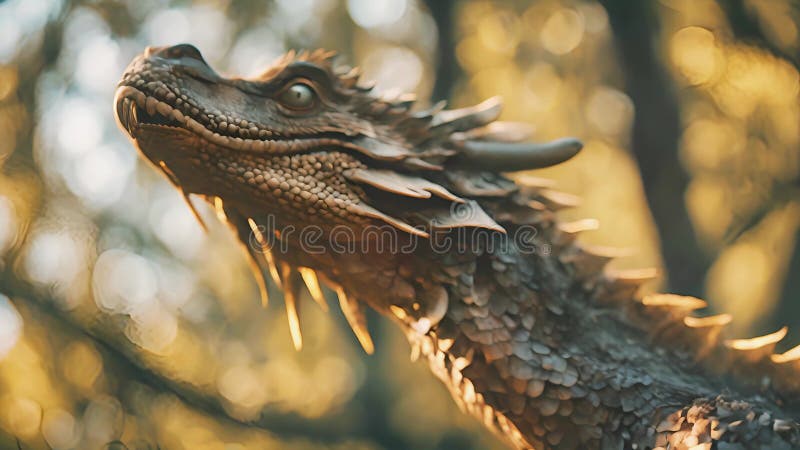 Dragão majestoso em uma floresta iluminada pelo sol. dragão de fantasia detalhado em meio à iluminação natural. conceito de fantas