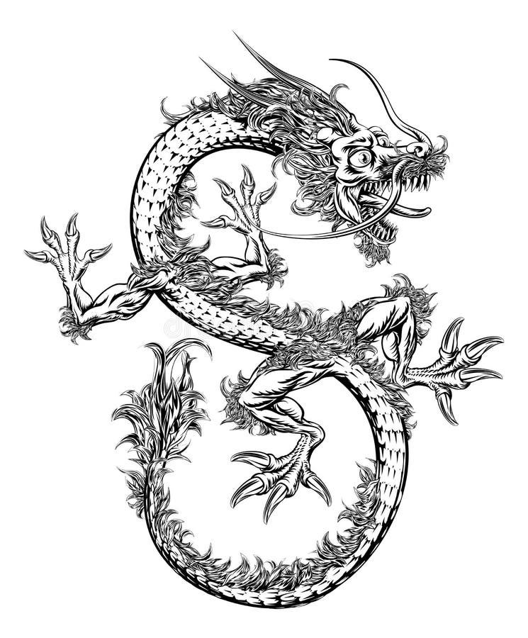 A black and white illustration of a Chinese or Japanese style oriental dragon. A black and white illustration of a Chinese or Japanese style oriental dragon