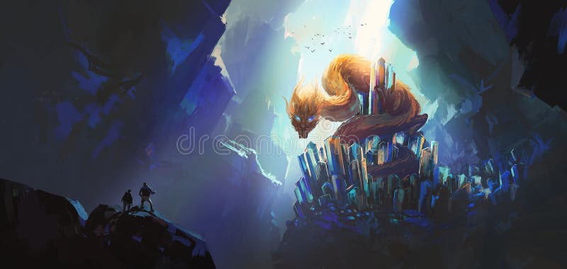 Dragão oriental sentado em cima de uma ilustração de fantasia de gemstone