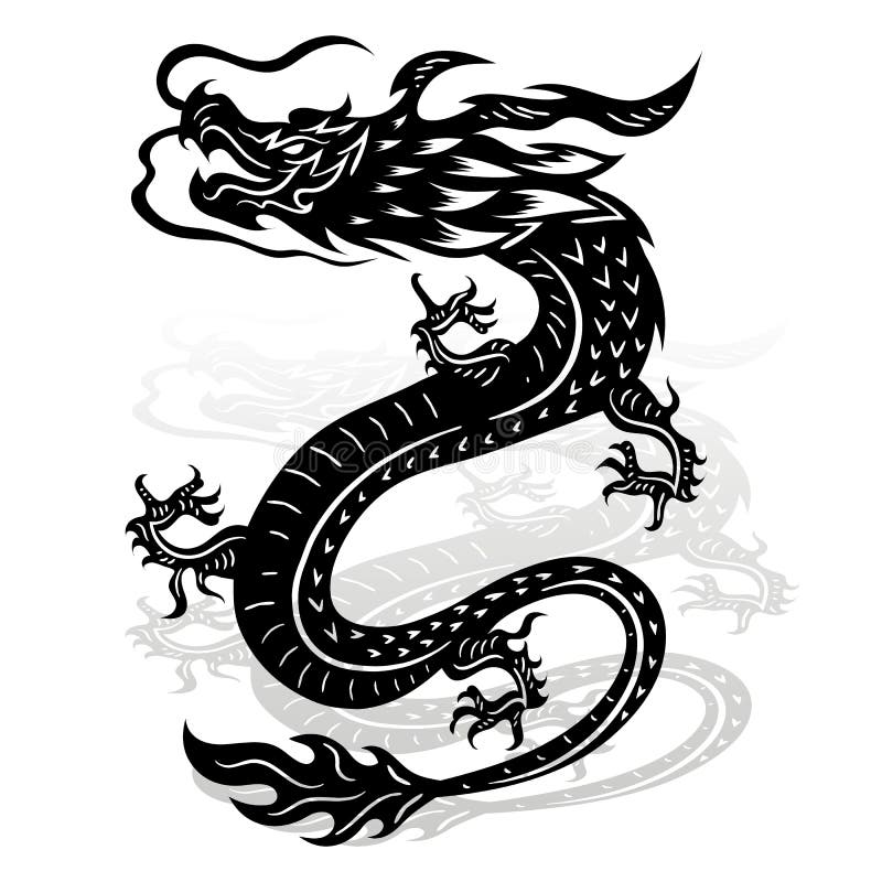 Dragão preto mitológico antigo, silhueta-tatuagem nos vagabundos brancos ilustração do vetor Dragão preto mitológico antigo, silhueta-tatuagem nos vagabundos brancos ilustração do vetor