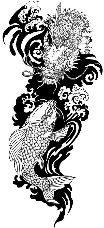 Dragón asiático oriental y carpa koi. tatuaje en blanco y negro