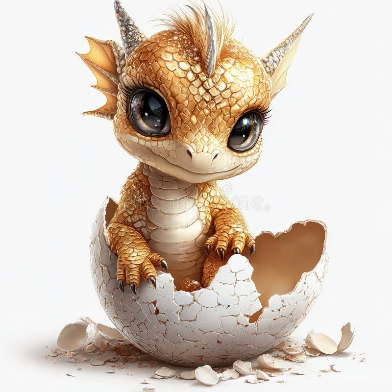 Dragón de bebé lindo con el sombrero de huevo roto con escalas de oro y ojos espumosos en un fondo transparente ilustración del vector