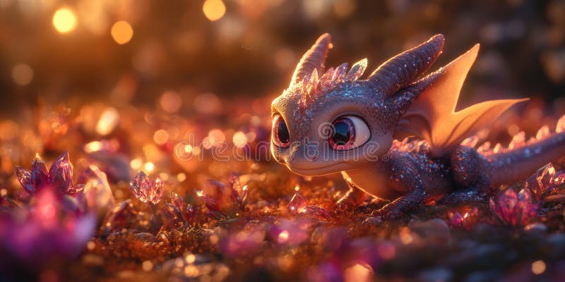 Dragón infantil con ojos deslumbrantes jugando en las estrellas para proyectos de diseño fantásticos, mágicos o encantadores ilustración del vector