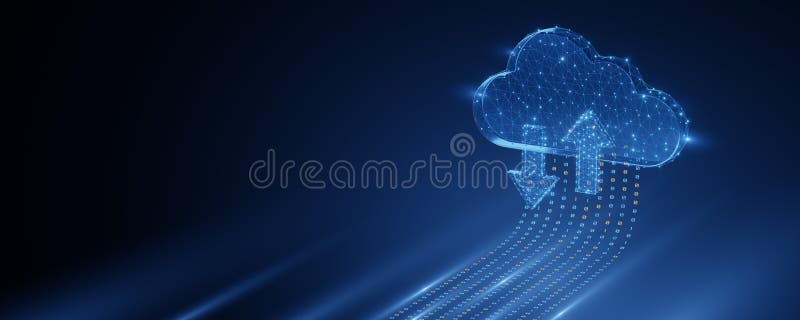 Drahtgebundene Cloud mit binärem Datenübertragungskonzept. Abstrakte drahtgebundene Cloud mit leuchtenden Pfeilen und binärem Code als Symbol für Cloud-Computing-Datenübertragung und digitale Konnektivität in einer futuristischen Umgebung