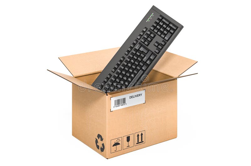 Drahtlose Computer-Tastatur in Pappe Box Lieferkonzept 3d Rendering lizenzfreie abbildung
