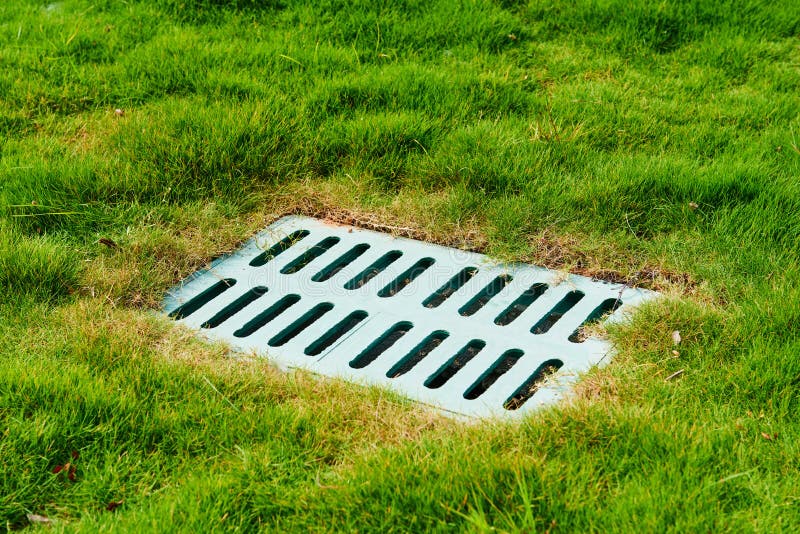 Drainage cover on the lawn stock photo. Image of cover 57863778