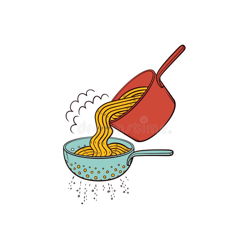 Draining Water from Spaghetti in Pasta Strainer Stock Vector