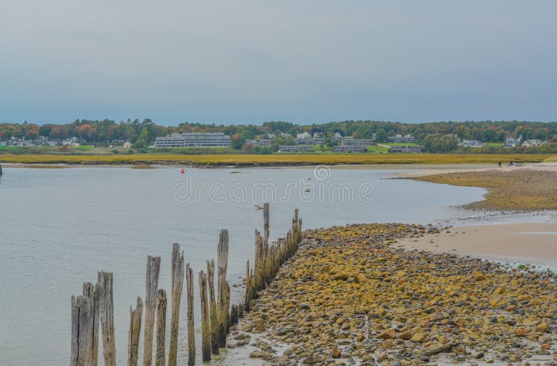 Drakes Island Jetty and Beach on the Atlantic Ocean in Maine Stock