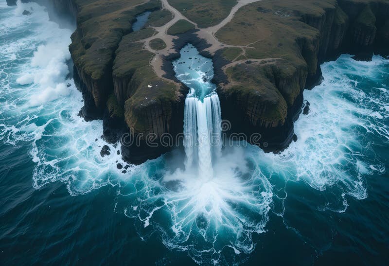 A dramatic aerial view of a powerful waterfall cascading over steep cliffs into a swirling, foamy sea. royalty free illustration