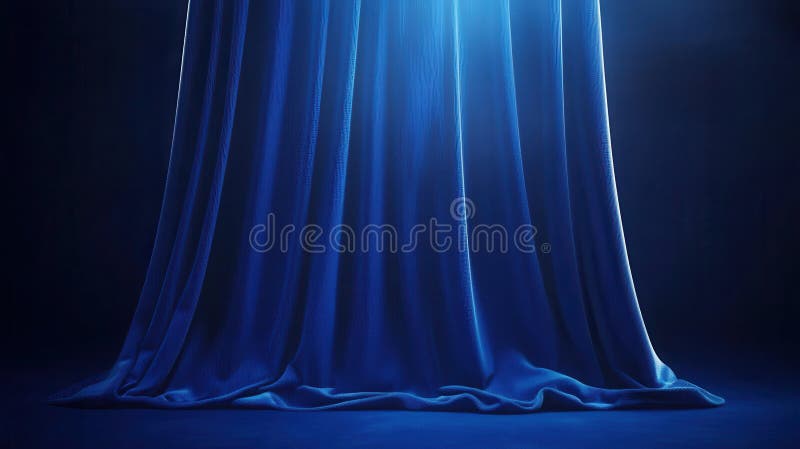 Dramatic Blue Velvet Curtain Lit from Above Elegant Fabric Texture and Deep Shadows stock photography.