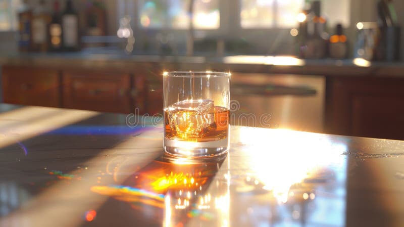 A dramatic capture of a bourbon glass on a bar countertop, highlighted by dappled light effects vector illustration