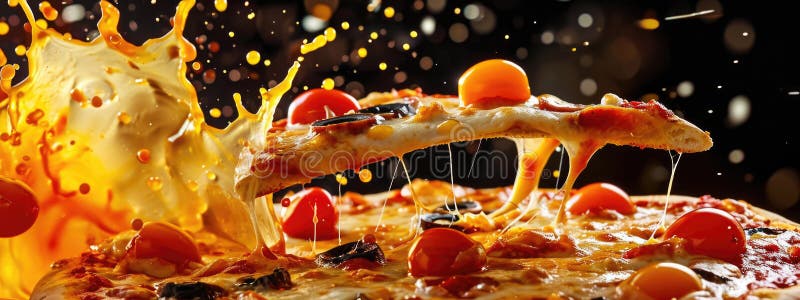Dramatic capture of cheese pizza slice with toppings flying mid air explosion vector illustration