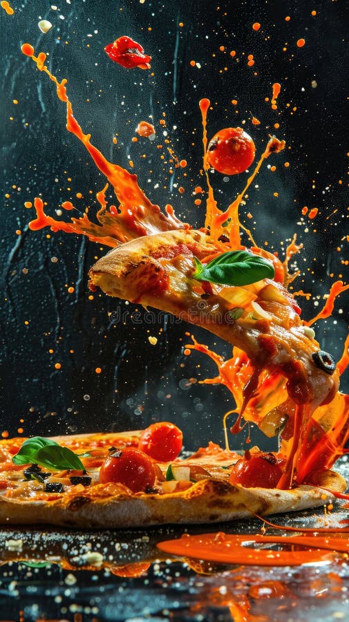 Dramatic capture of cheese pizza slice with toppings flying mid air explosion royalty free illustration