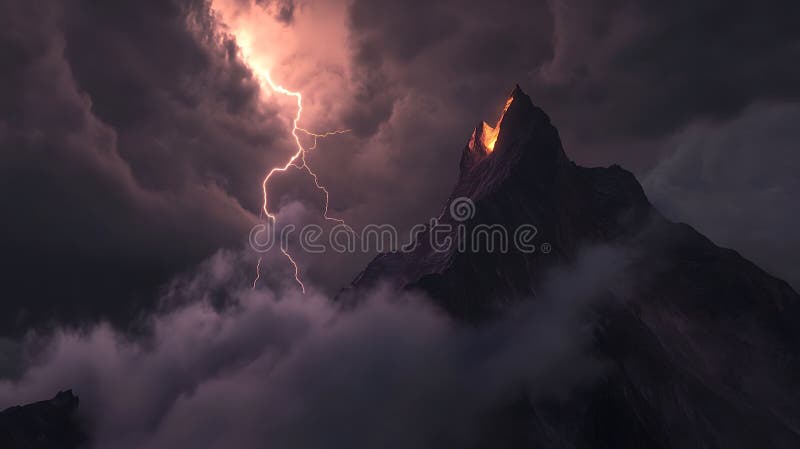 A dramatic capture of a lightning bolt hitting a mountain peak, with clouds swirling around the summit royalty free illustration