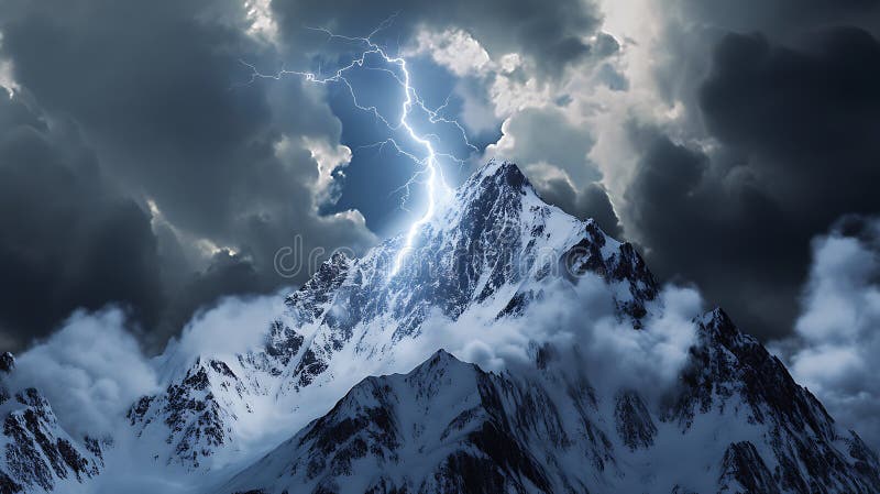 A dramatic capture of a lightning bolt hitting a mountain peak, with clouds swirling around the summit royalty free illustration