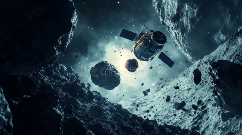 Dramatic capture of a space satellite making contact with an asteroid amidst the vastness of space stock illustration