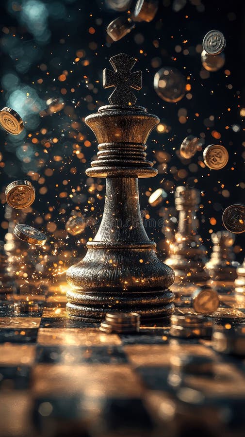 Dramatic chess king with flying gold coins in motion royalty free stock photo