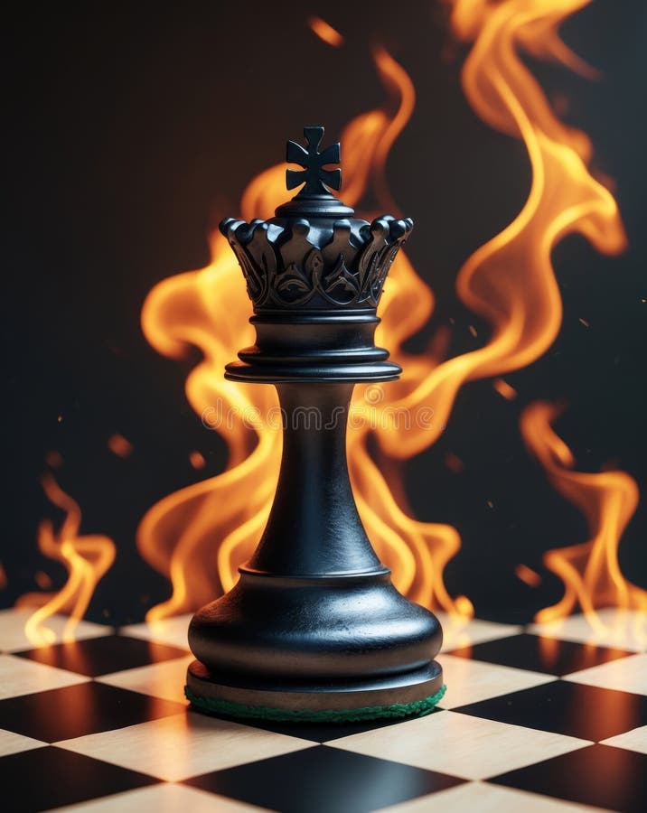 Dramatic chess king surrounded by flames on a checkered board during an intense game royalty free stock photo