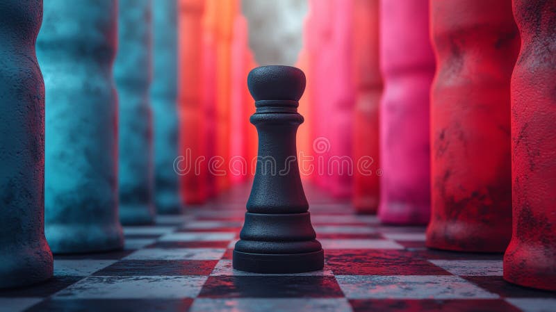 Chess pawn on a checkered board with glowing red and blue lights royalty free stock photos