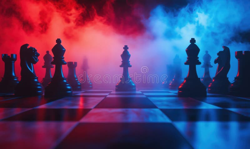 Dramatic chess scene with black and white pieces surrounded by red and blue smoke stock photography
