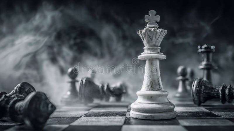 Dramatic chess scene with white king standing among fallen pieces, concept of strategy and power stock photo