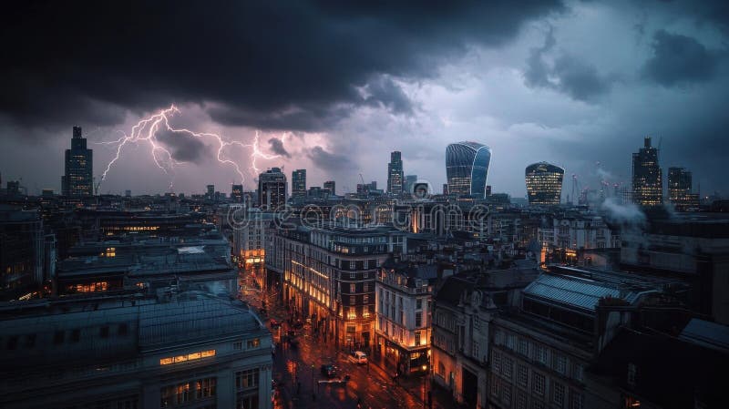 Dramatic city skyline under stormy skies with lightning illuminating the buildings. A captivating view from above at dusk royalty free illustration