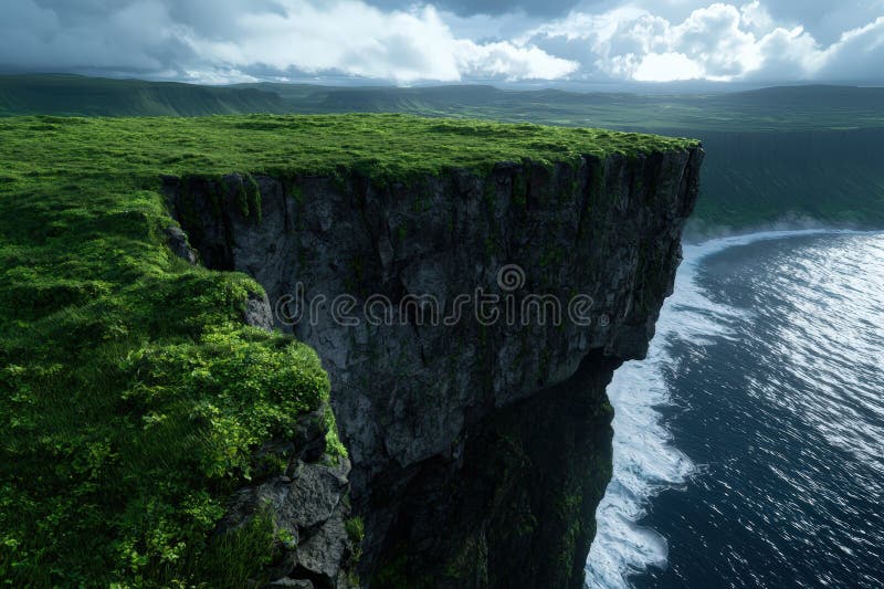 Dramatic cliffside vista with crashing ocean waves below. Created with the help of Generative AI tools.