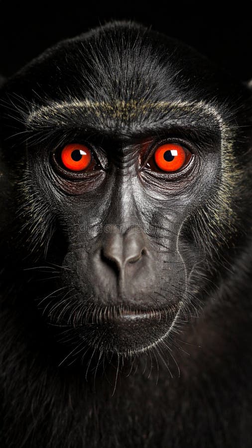 Dramatic close-up of a dark monkey with piercing red eyes staring intensely forward on a black background. Red face monkey stock images, royalty-free photos and pictures