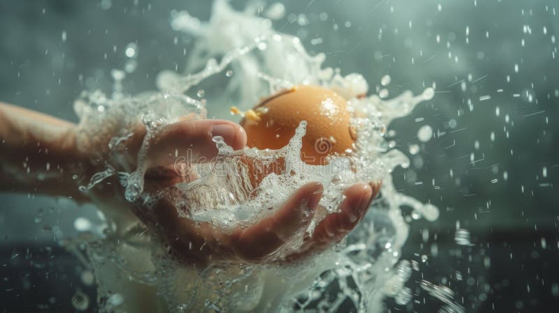 Orange splash in hands with dynamic water motion stock image