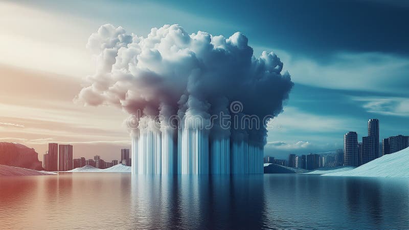 Dramatic cloud formation over city skyline reflecting in water, pollution, environment, ecological impact concept royalty free stock photo