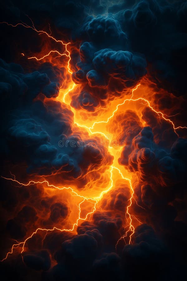 Dramatic clouds illuminated by neon light and thunder, showcasing vibrant orange lightning against dark backdrop, creating intense stock illustration