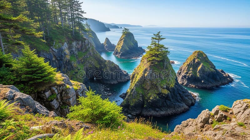Dramatic coastal landscape with rugged sea stacks and lush green trees under a clear blue sky stock illustration