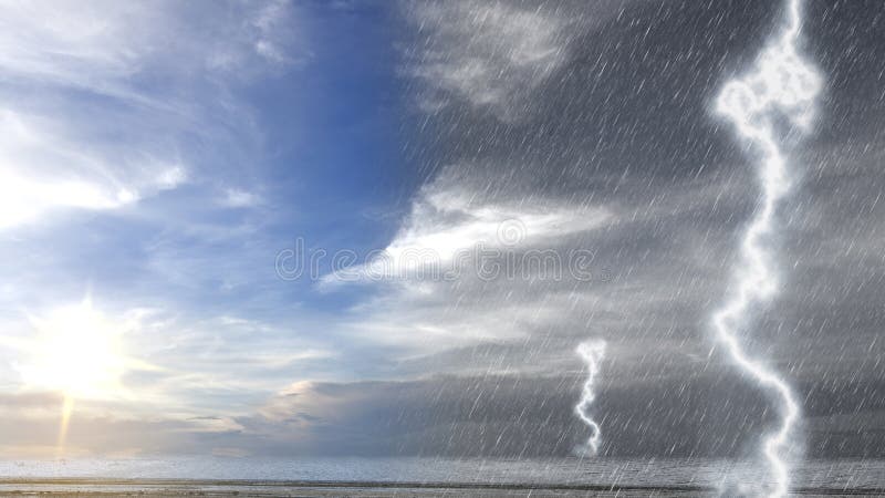 A dramatic composite image showing split view between bright sunny sky and heavy thunderstorm with rain lightning bolts over calm stock afbeelding