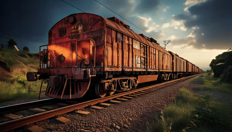 Dramatic Desert Journey: Classic Red Train Against a Cloudy Sky vector illustration