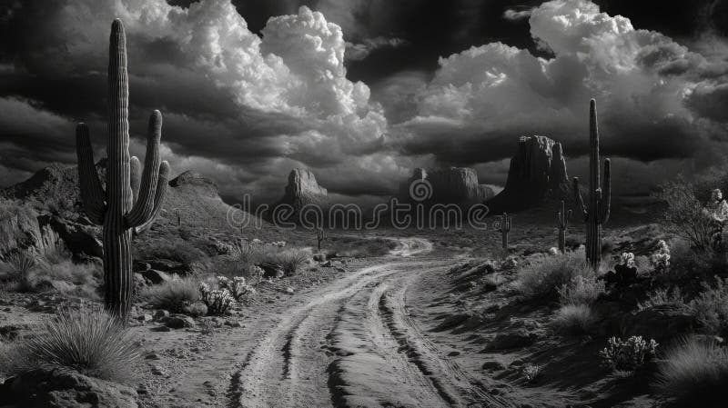 Dramatic Desert Landscape with Cacti and Mountains royalty free illustration